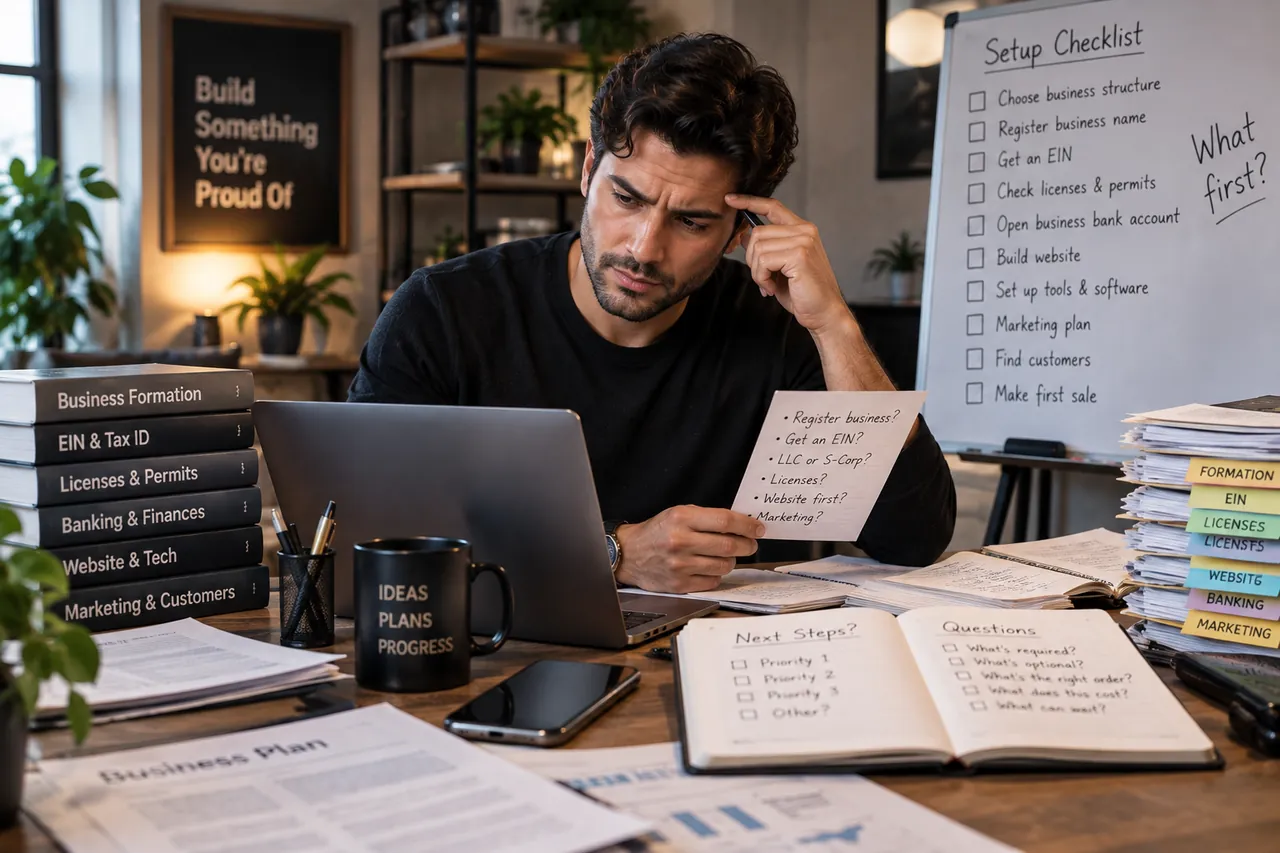 A man at a desk looking at a long business setup checklist — structure, EIN, licenses, bank account, website — with “What first?” written beside it and his own list of questions in his hand.