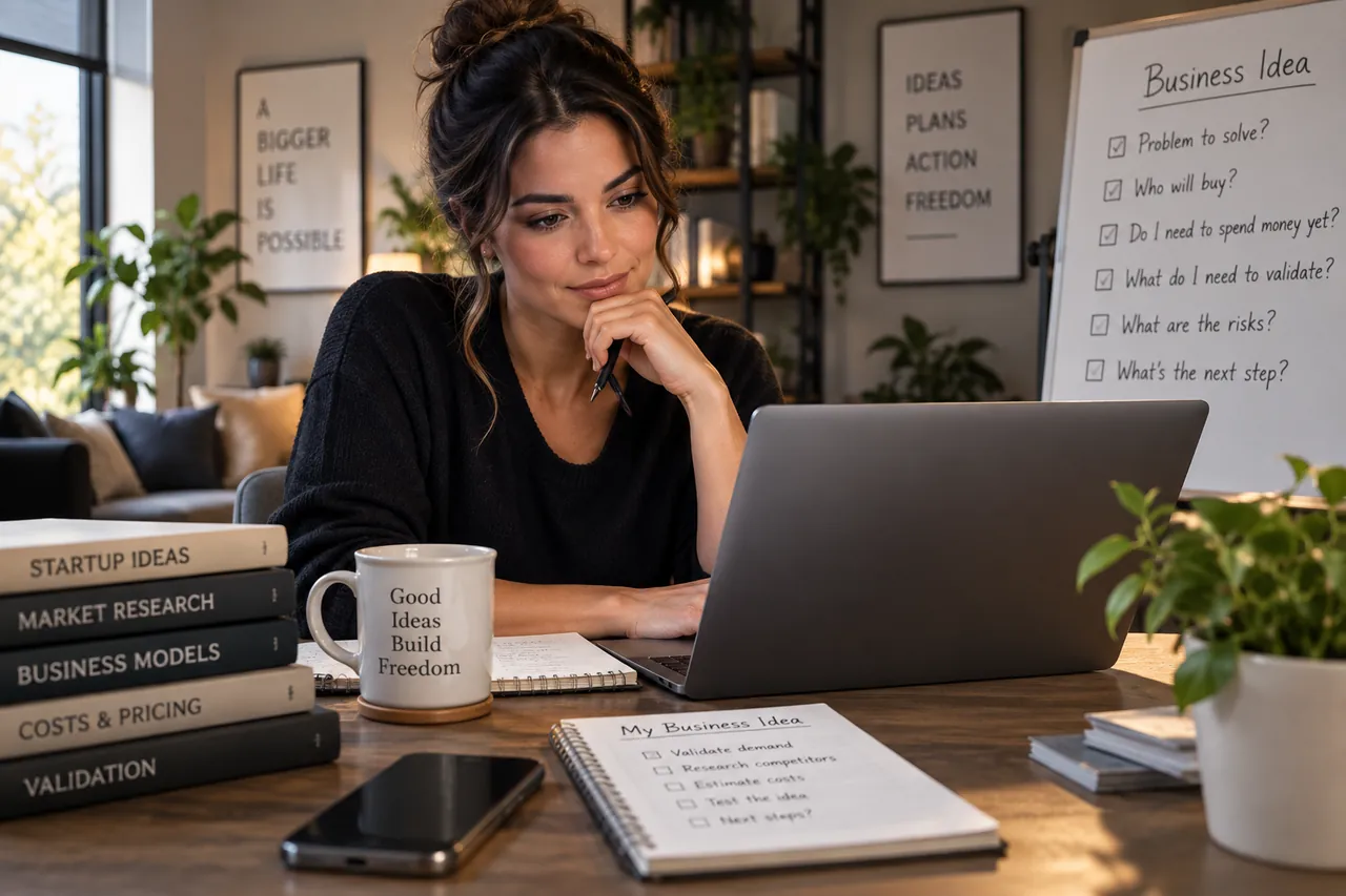 A woman at a home desk thinking through her business idea, with a notebook of things to validate and a whiteboard asking who will buy and whether it is time to spend money yet.